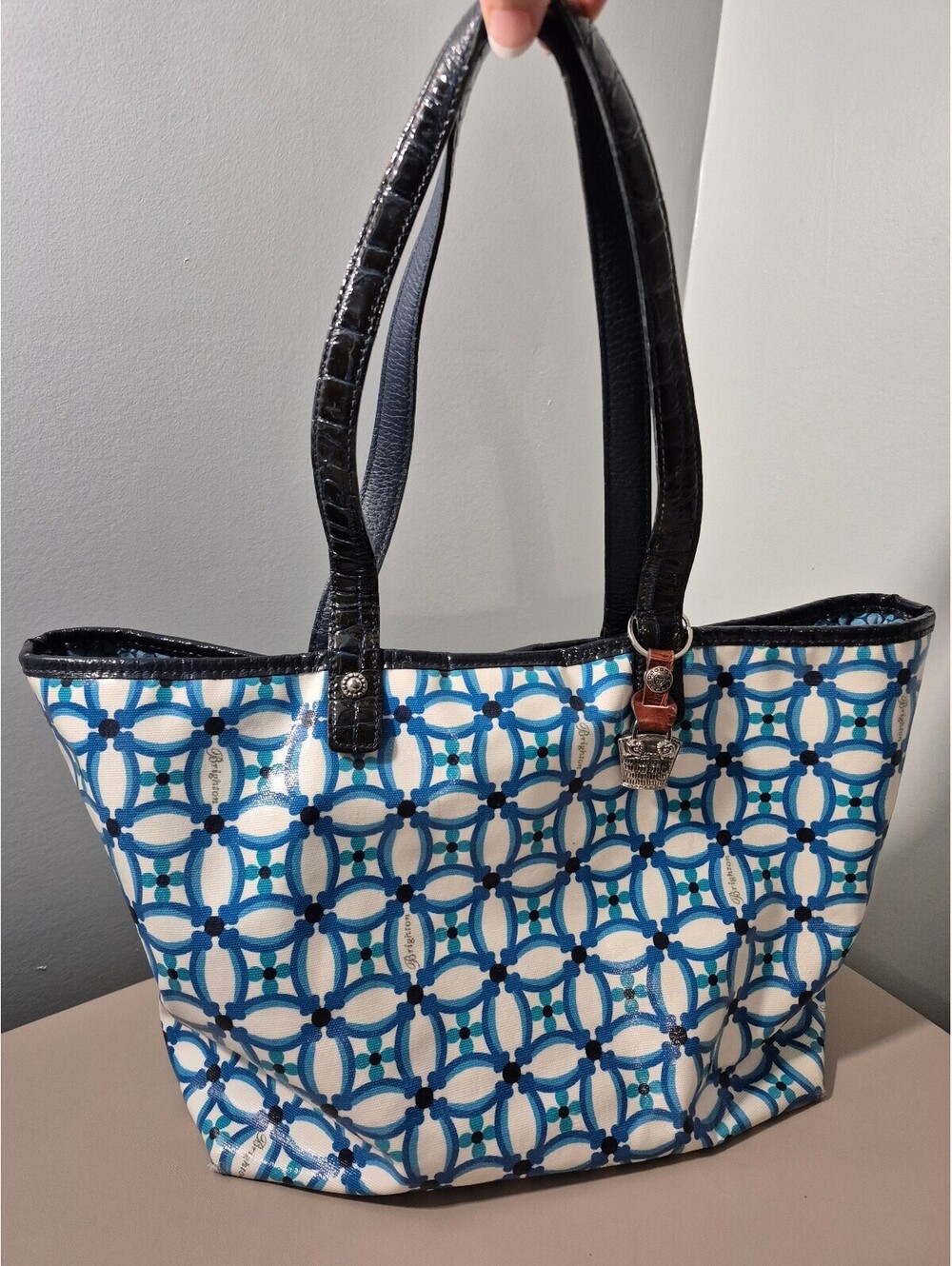 Brighton Araceli Carryall Tote Blue White Geometric Shoulder